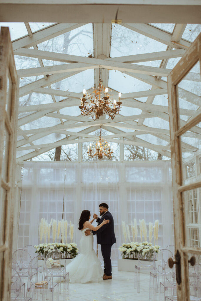 Couple dancing during their wedding photos.